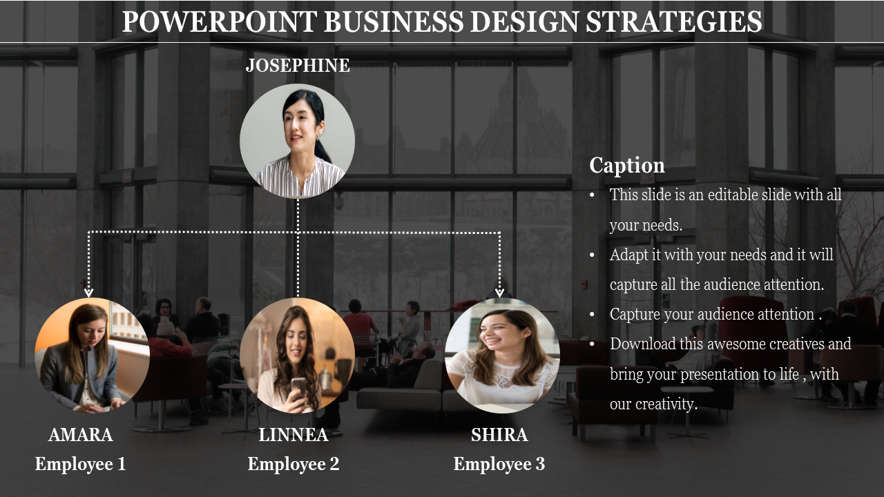 Slide design displaying a leadership hierarchy with Josephine at the top and three employees below in circular photo frames.