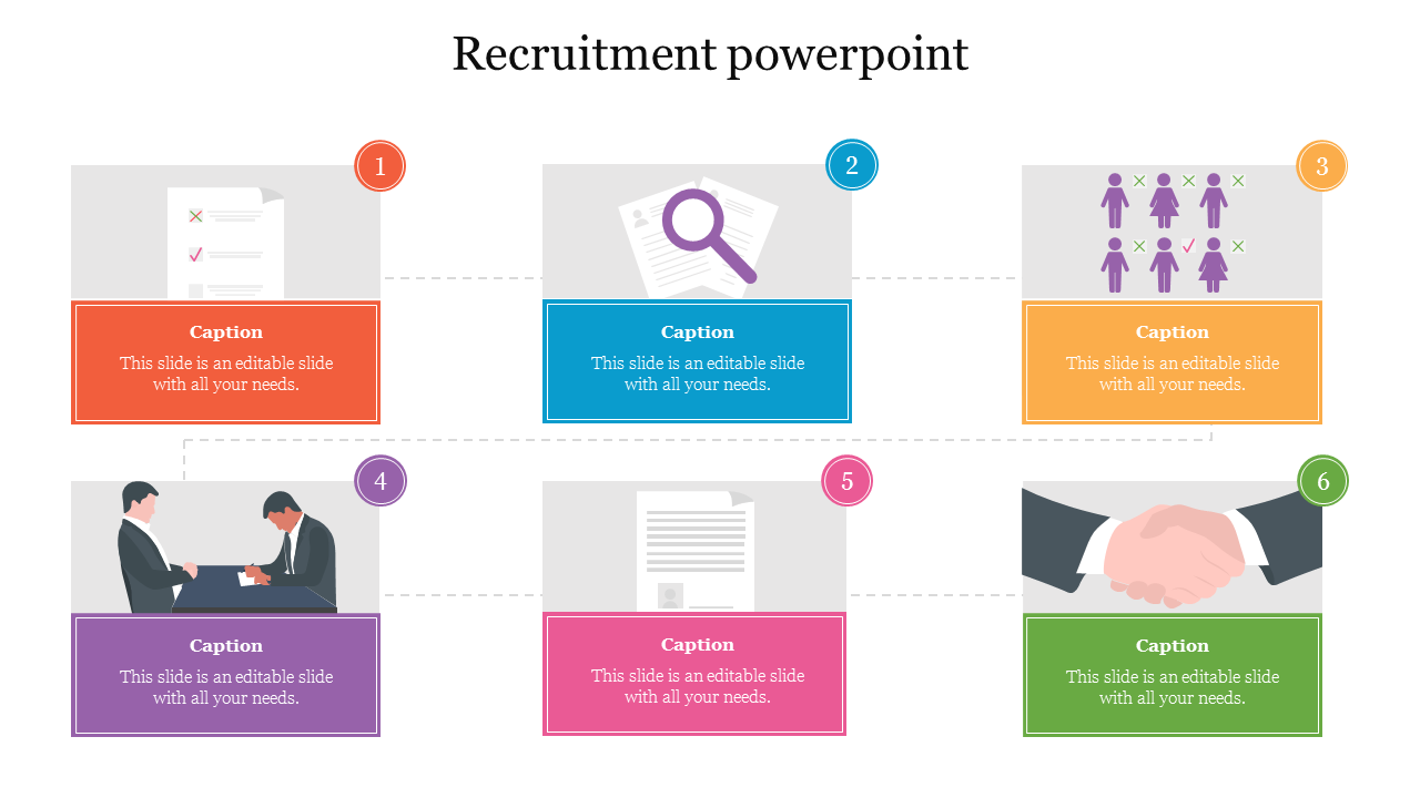 Recruitment process slide with six color-coded blocks showing icons like documents, people, interviews, and a handshake.