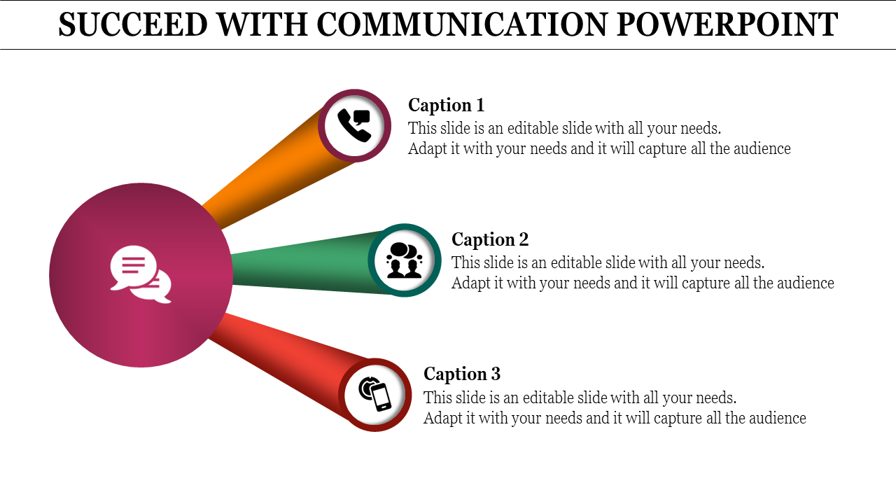 Slide displaying a central chat icon with three vibrant arrows representing communication channels.