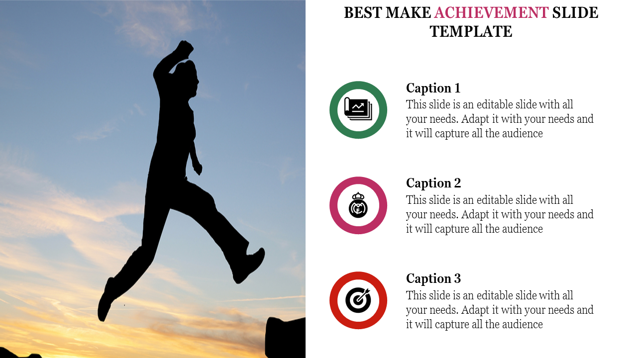 Achievement slide featuring a silhouette of a person leaping against a sunset sky, with three caption sections and icons.