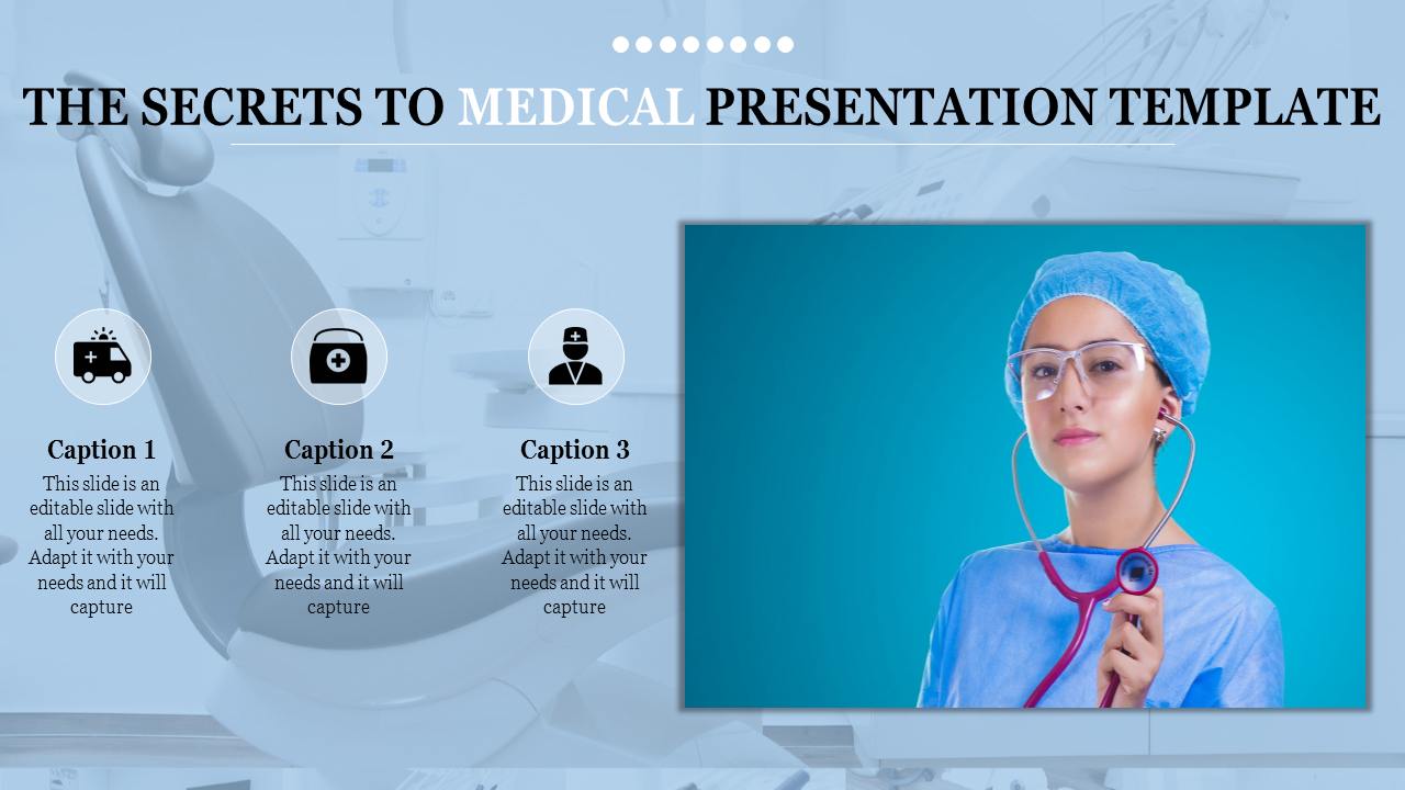 Slide layout with a blue-themed medical professional image on the right and three circular icons with captions on the left.