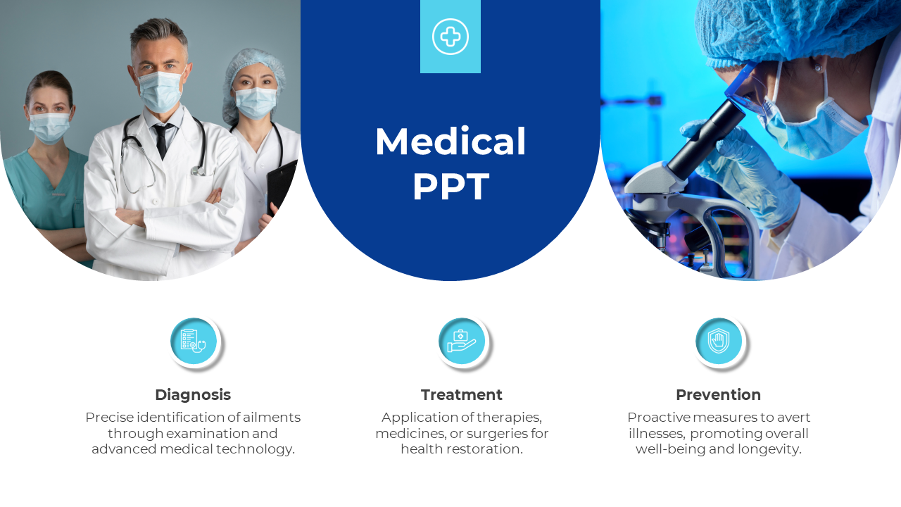 A professional medical slide featuring doctors and nurses discussing diagnosis, treatment, and prevention with description.