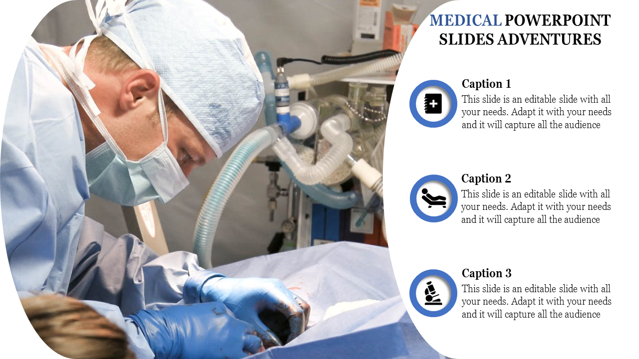 Medical slide featuring a surgeon performing an operation on the left and three circular captions with medical icons.