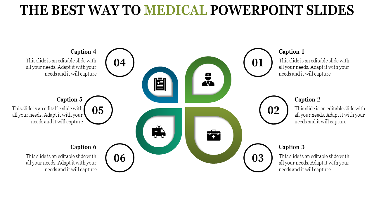 Infographic template with a central medical-themed diagram and six caption areas numbered 01 to 06 in circular outlines.