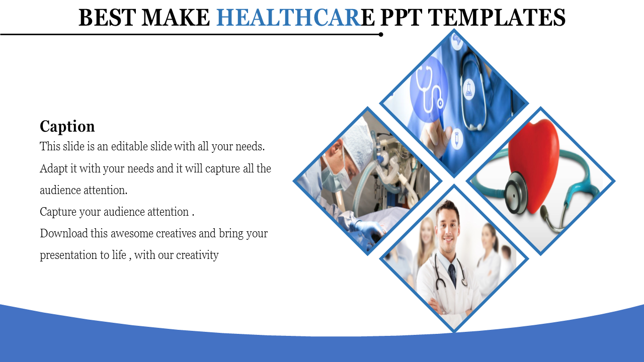 Healthcare-themed slide showcasing images of doctors, medical equipment, and a stethoscope in diamond shapes.