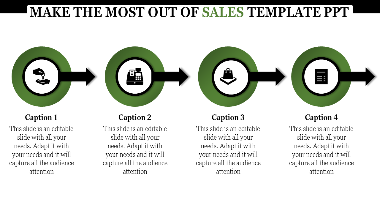 Sales process slide with four green circular icons connected by arrows, each with a caption beneath on a white background.