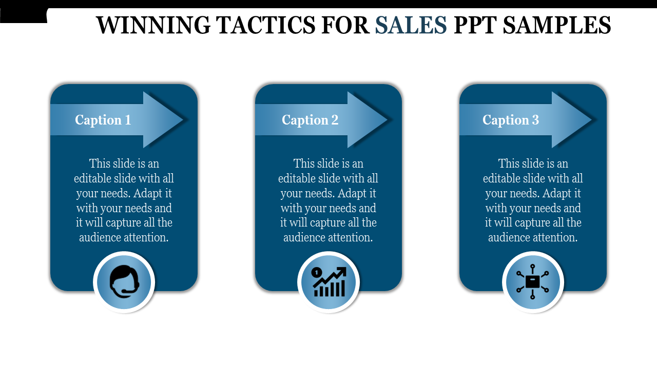 A slide showcasing winning tactics for sales with three sections, each featuring an icon and a caption.