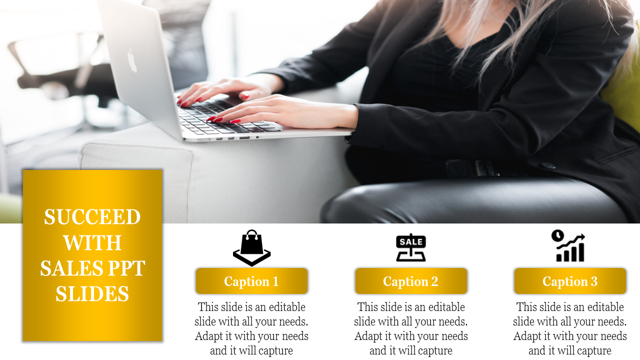 Woman typing on a laptop, with a yellow banner and three sections below featuring icons and captions about sales.