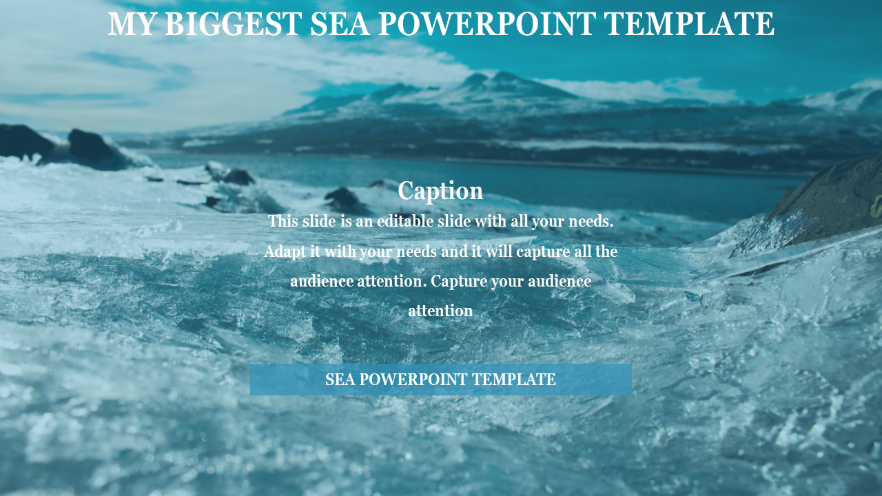 Scenic sea view with icy terrain, featuring a blue caption at the bottom and a descriptive caption areas.