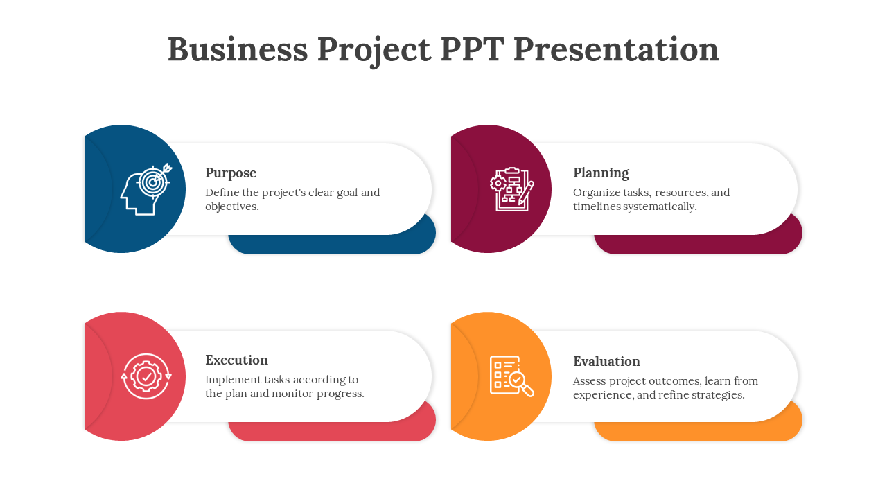 Business projects slide with labeled sections in blue, maroon, red, and orange on a white background.