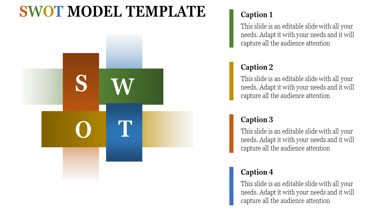 SWOT model template with four colored blocks green, blue, orange, and yellow each displaying one letter of the acronym.