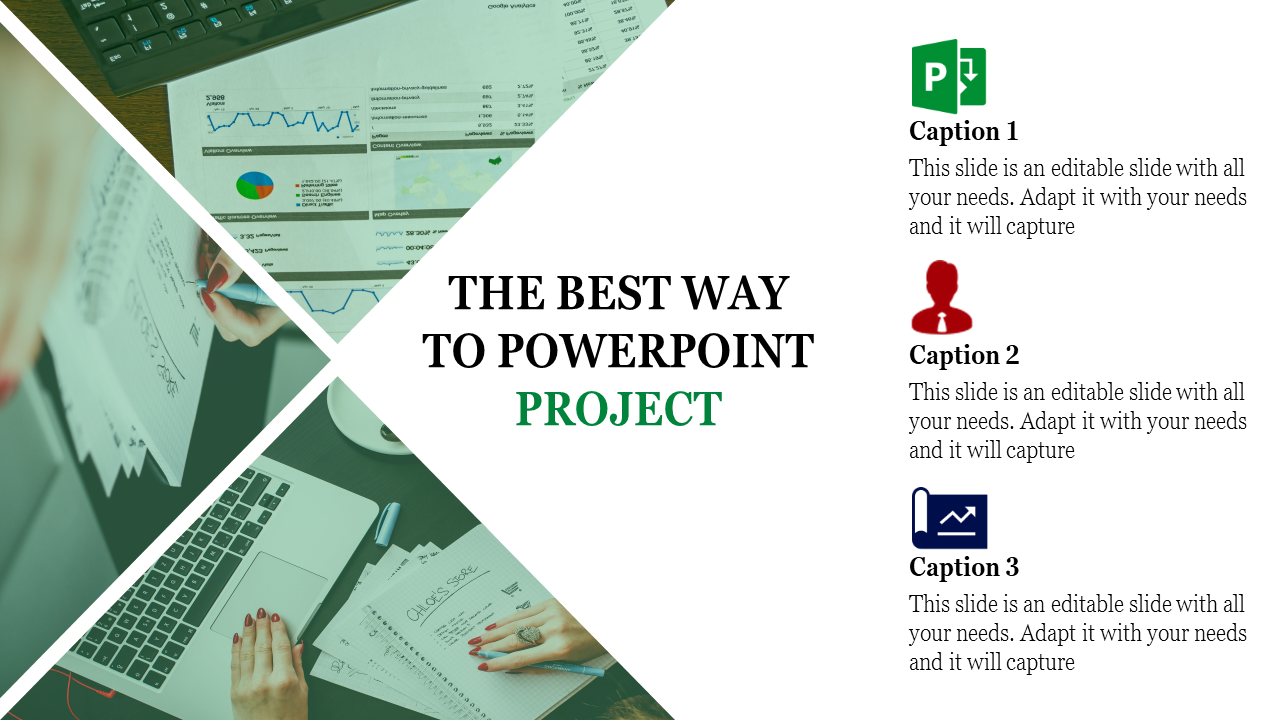 Project PPT slide showing charts, a person working on a laptop, and icons representing progress, business, and analytics.