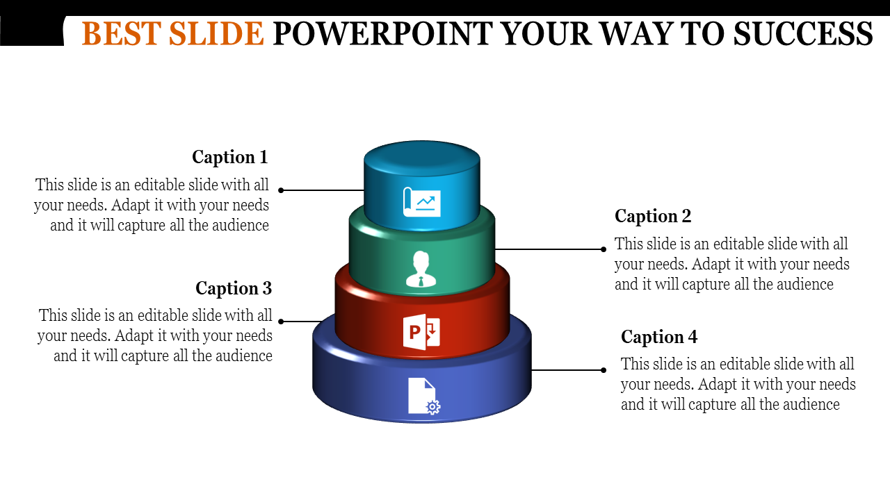 Best PowerPoint template showing a stacked design with four sections, each representing different business concepts.