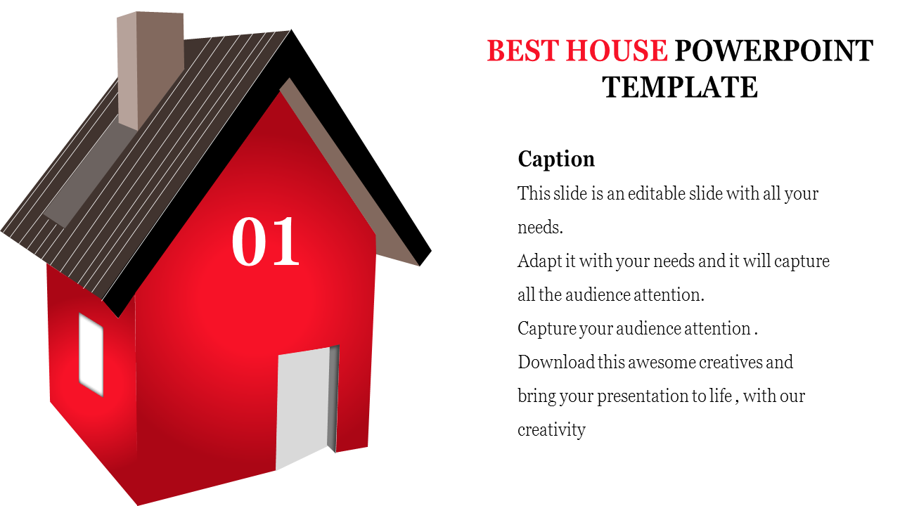 Red house shaped design with a brown roof and the number 01, with text content on the right side.