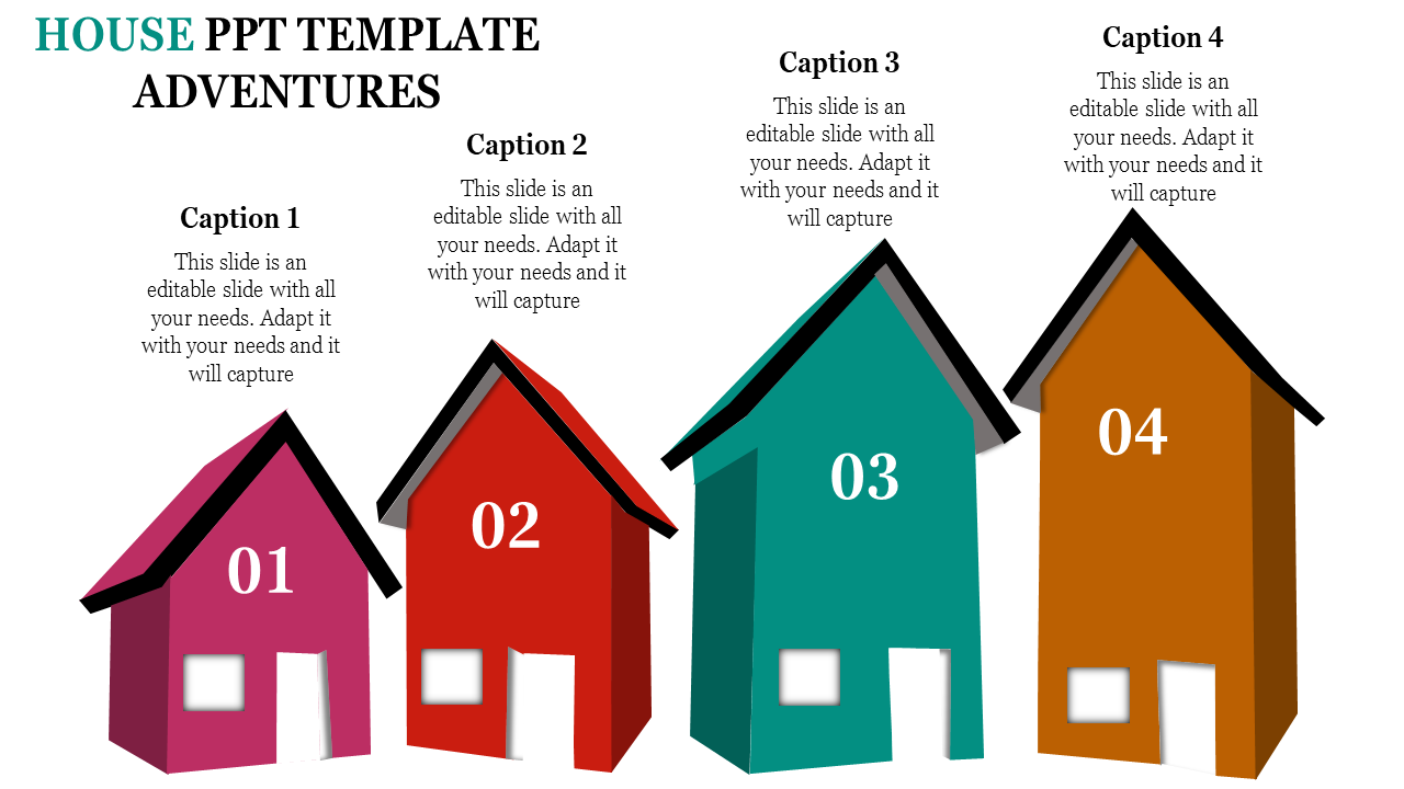 PowerPoint slide with four house graphics in pink, red, teal, and orange, each with captions.