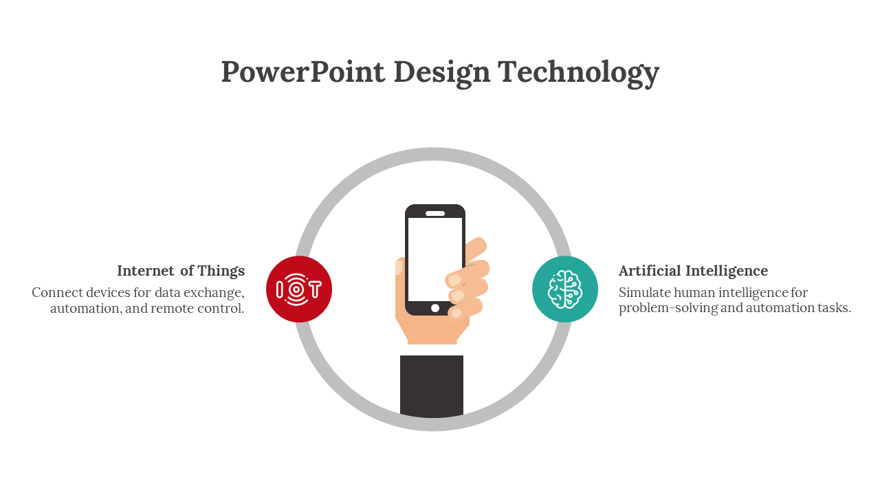 Hand holding a smartphone inside a gray circular frame, flanked by technology icons in red and teal.