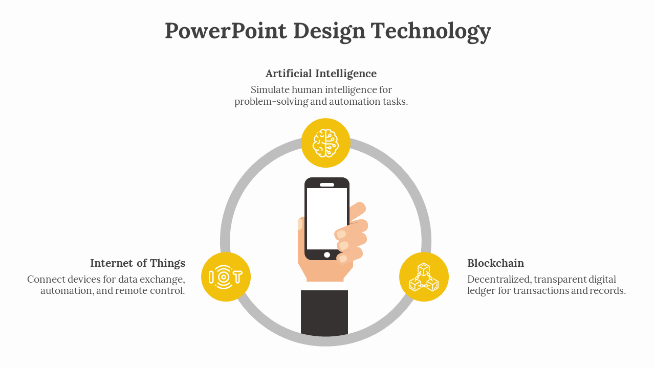 PowerPoint design technology slide with icons for Artificial Intelligence, IoT, and Blockchain.