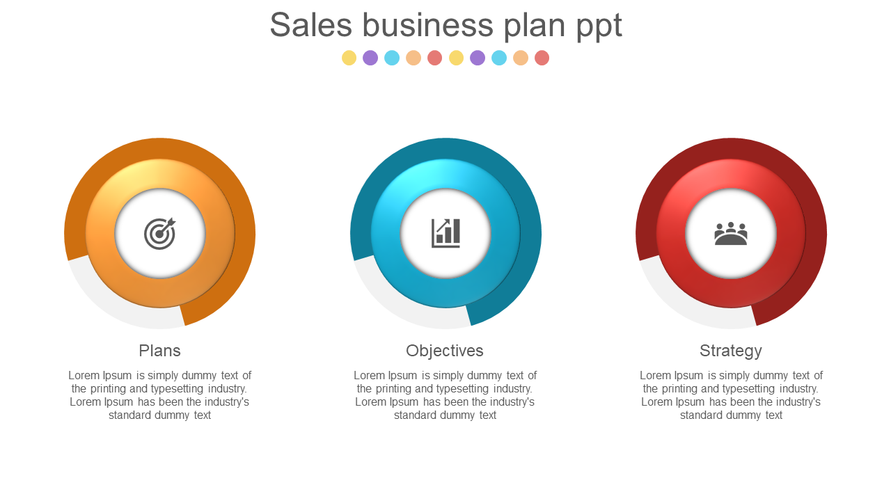 Slide showing sales business plan with three colored circular elements representing plans, objectives, and strategy.