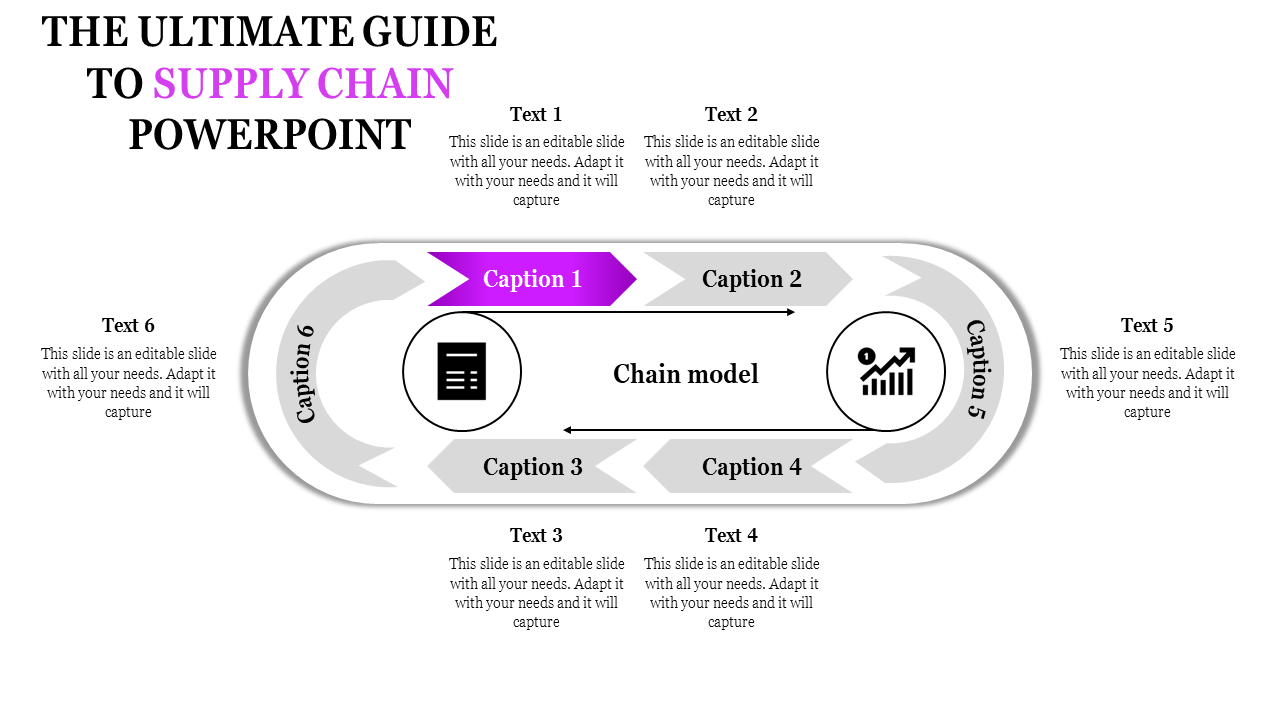 Slide with two circular icons, six gray arrows, and captions arranged in an oval layout, with one is highlighted in purple.