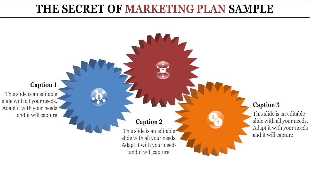 A PowerPoint slide featuring a marketing plan sample with three colorful star shaped icons and captions below each.