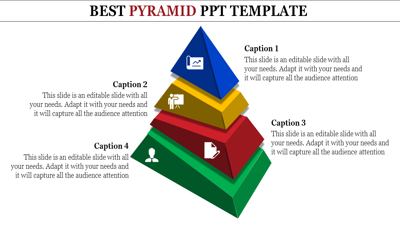 Layered pyramid infographic with four segments in blue, yellow, red, and green, each accompanied by captions and icons.