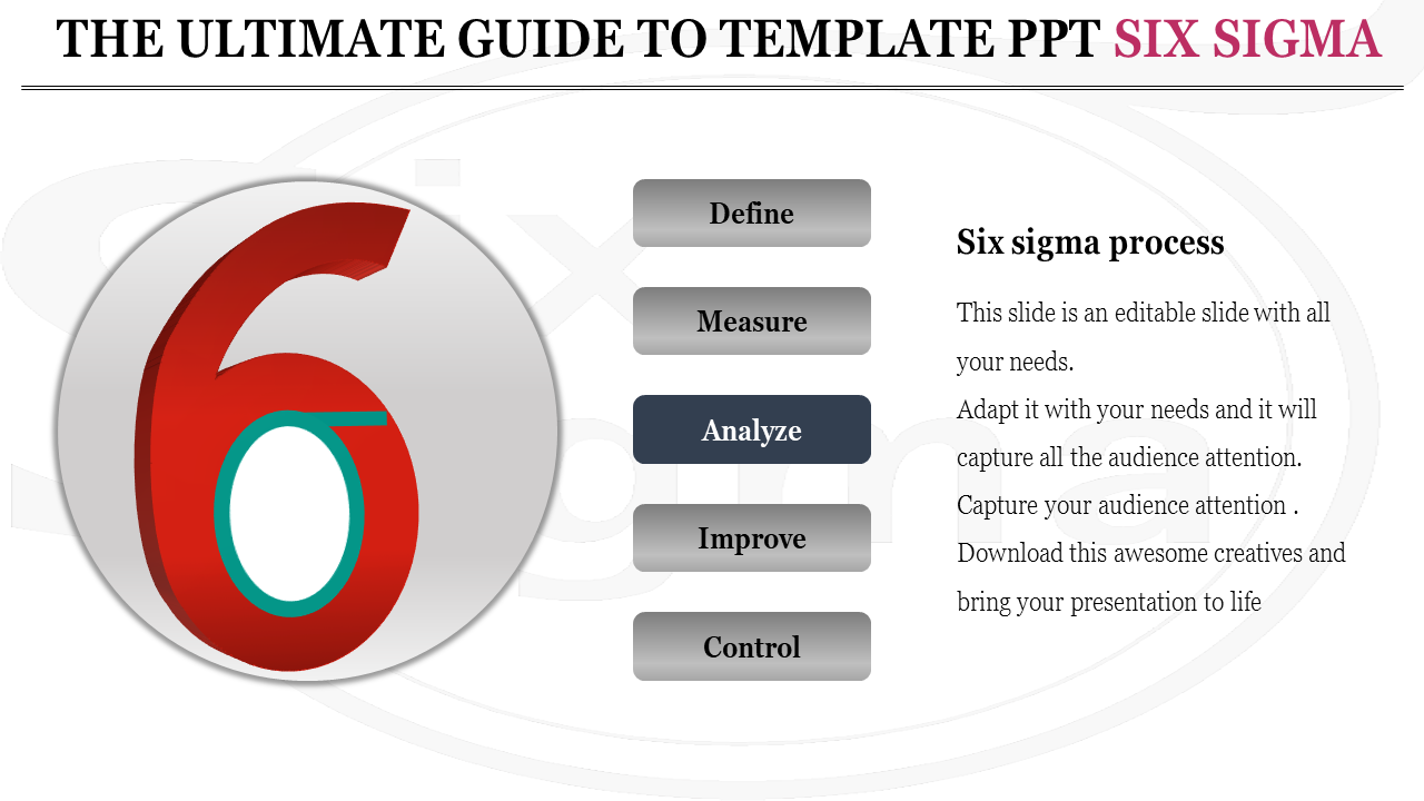 Six sigma design highlighting the process steps and a large, red stylized number six on a gray background.