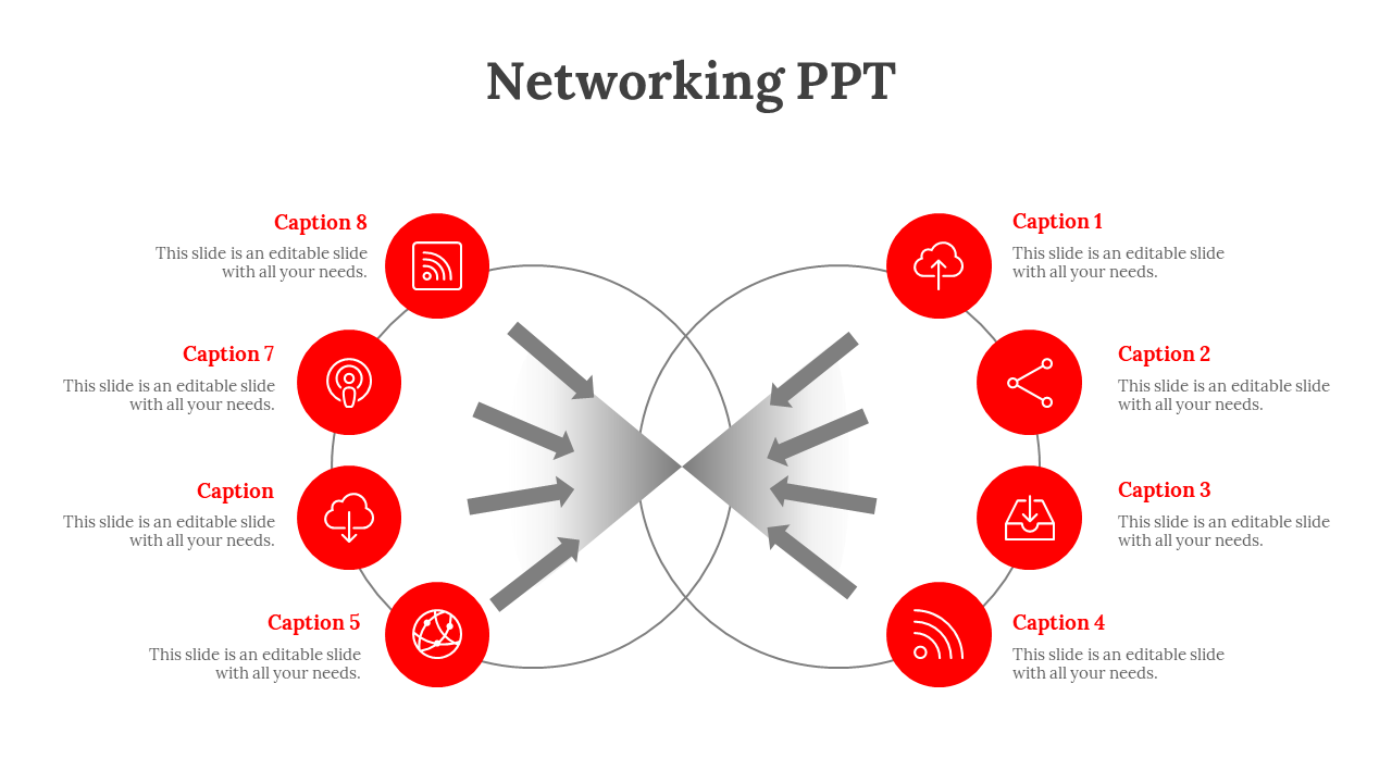 Networking diagram with red circular icons and captions arranged around mirrored gray arrow shapes.