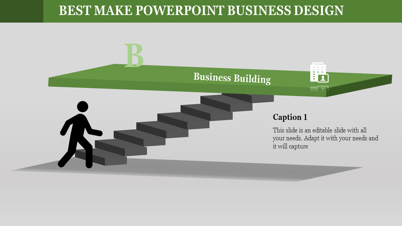 Illustration of a person ascending stairs to a labeled green platform, representing steps in business development.