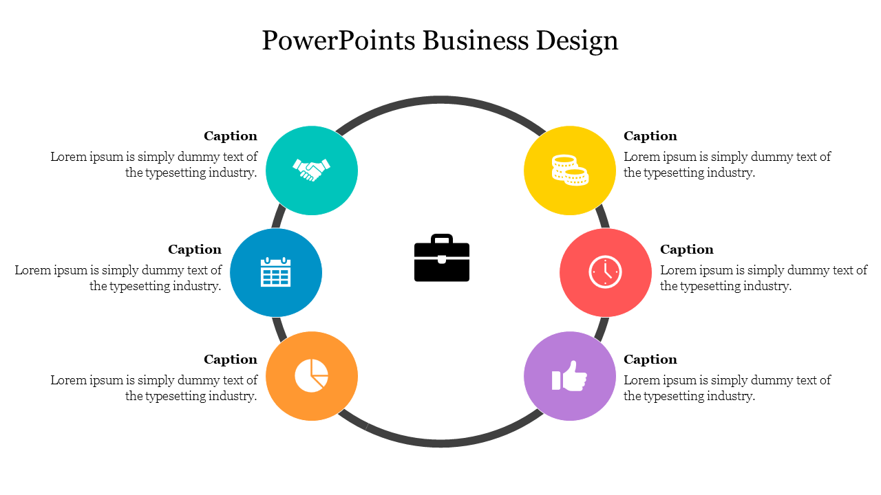 Circular business design slide with icons representing different business concepts with captions.