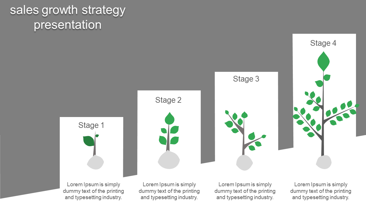 Four growth stages of a plant in white boxes, each labeled from stage 1 to 4, with text below, on a gray background.