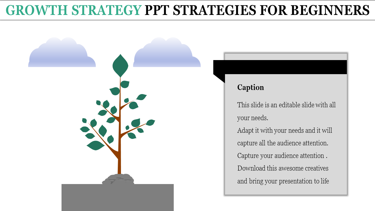 PowerPoint slide with a growing tree representing growth strategies, featuring a caption section.