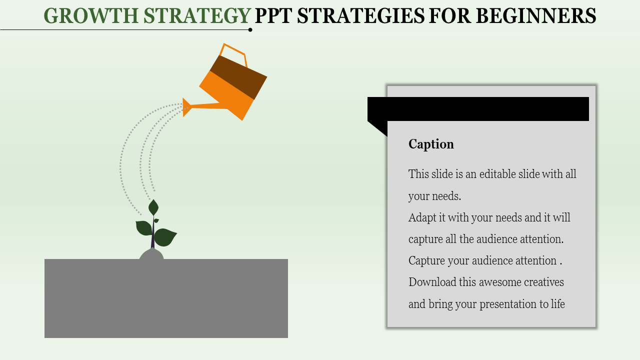 Growth strategy visual with an orange watering can sprinkling water on a small green sprout emerging from a gray block.