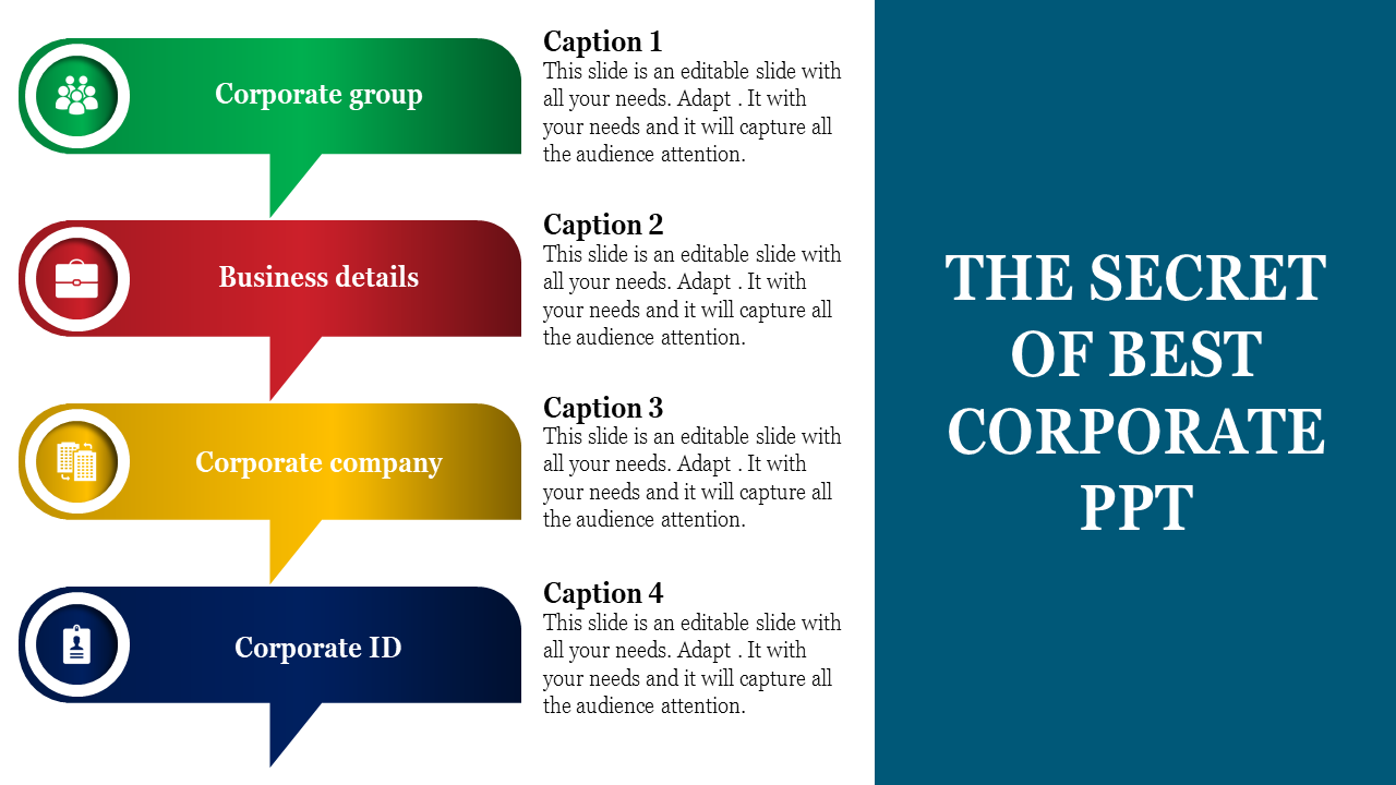 Best corporate slide with labels from corporate group to corporate ID, with colorful labels and icons.