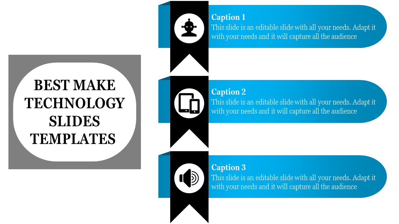 Slide design highlighting technology topics with a gray title box and three connected blue sections featuring icons.