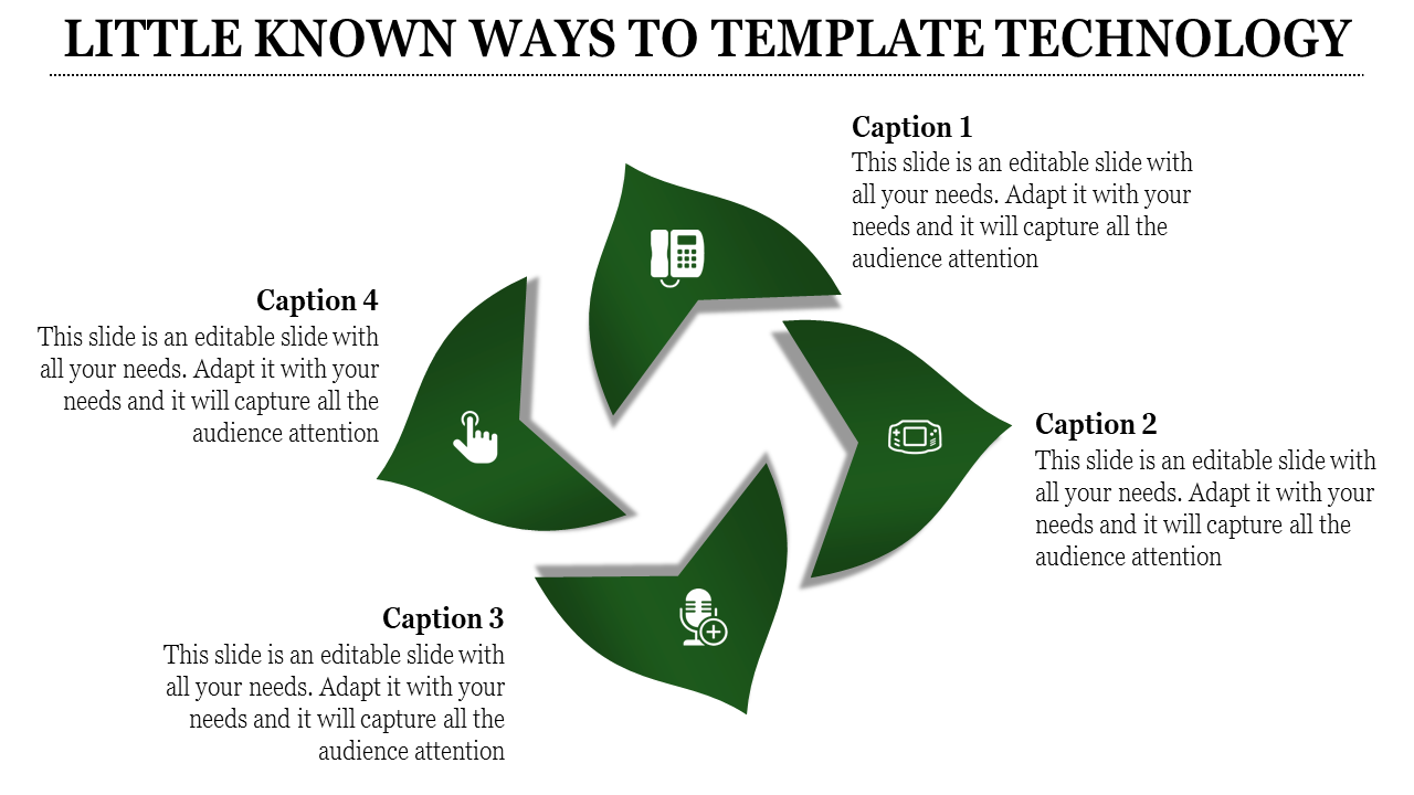 Technology themed infographic showing a four-segment cycle with green sections and icons like a phone, mouse, and microphone.