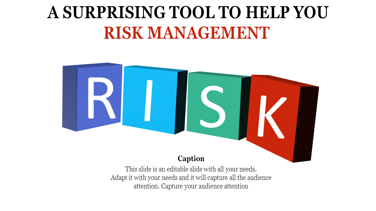 Four 3D blocks spelling risk in different colors, placed under a bold risk management title with a caption areas below.