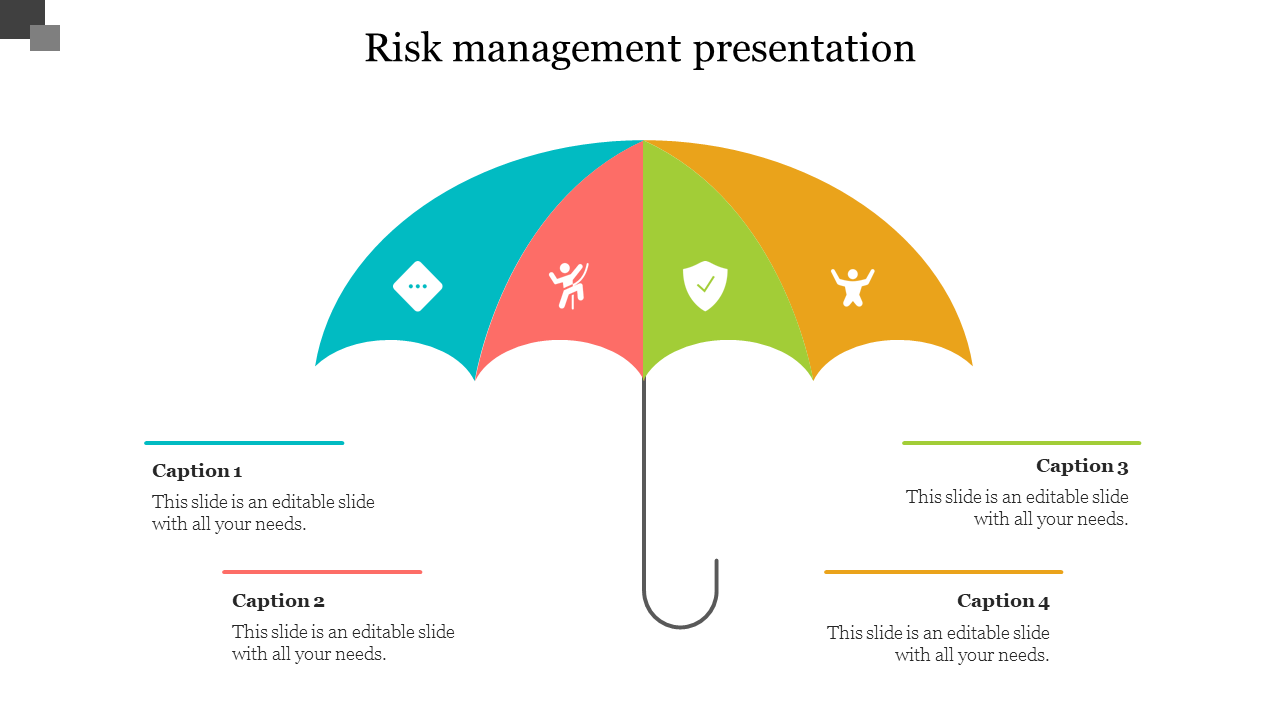 A colorful umbrella with icons, representing different aspects of risk management, along with four placeholder text.