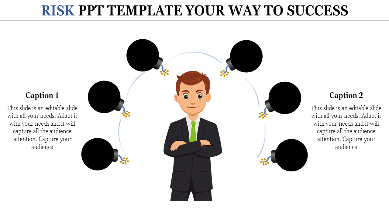 Risk PPT template featuring a businessperson surrounded by six lit bombs arranged in a semicircle.