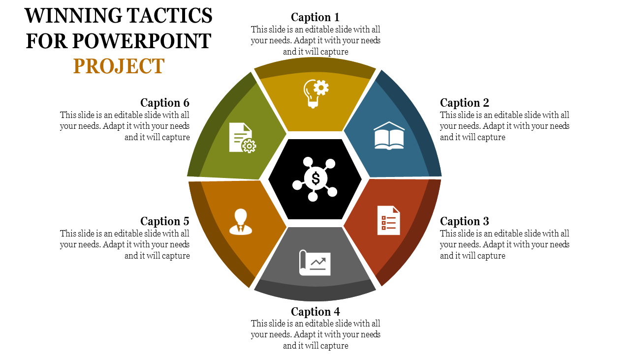 Hexagon infographic for project with six labeled sections, each with icons centered around a dollar symbol.