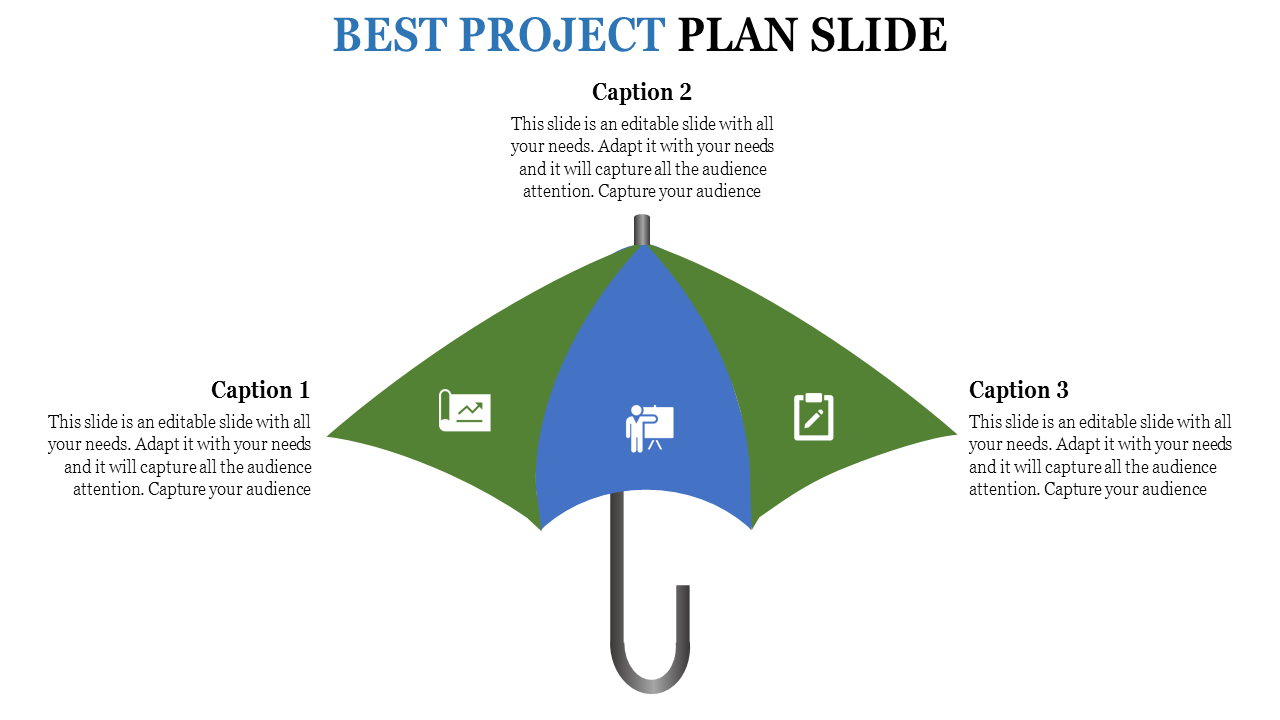 Umbrella design with a blue center and green sides, featuring icons and captions beneath on a white background.