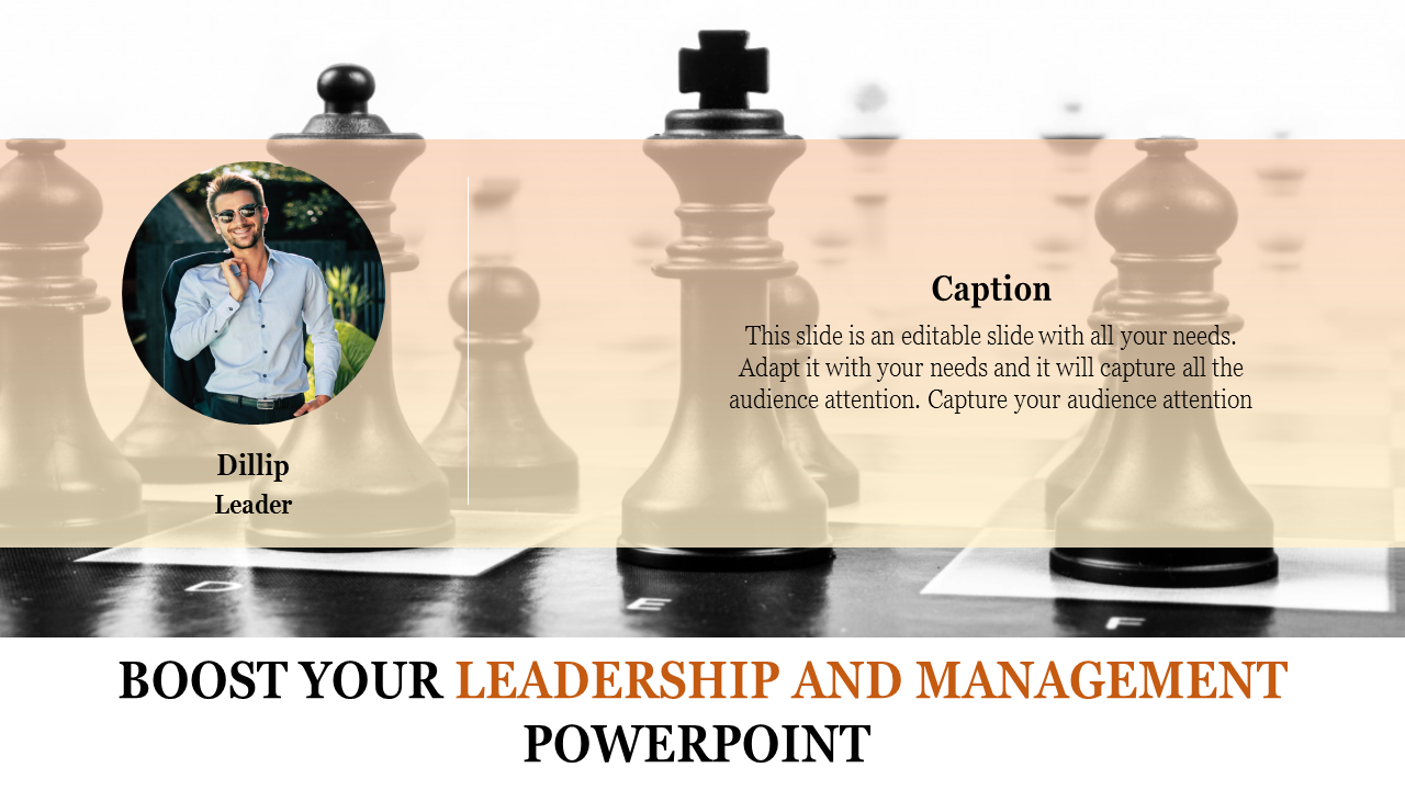 Leadership slide featuring a chess themed background, a circular image on the left, and caption on a faded overlay.