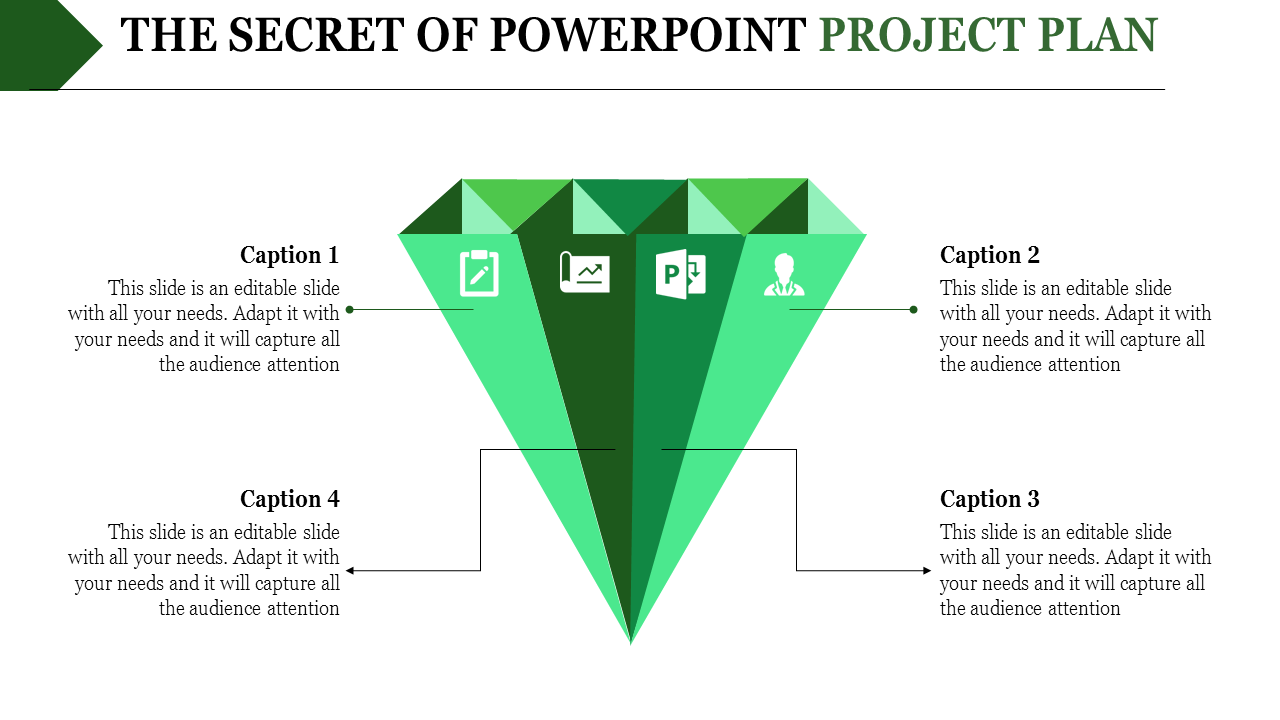 Project plan template featuring a central green diamond divided into sections, with caption areas aligned around it.