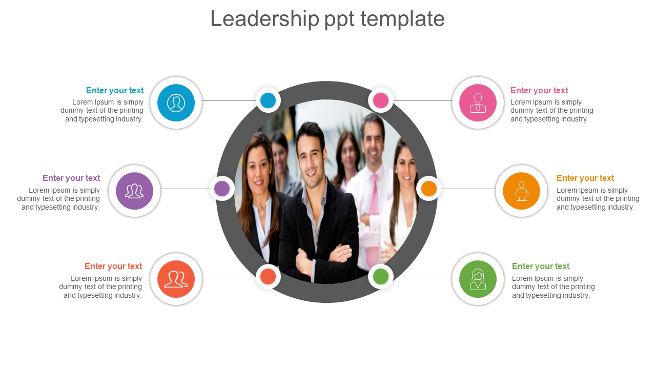 Leadership slide with a central image of a team, surrounded by six colored icons with placeholder text.