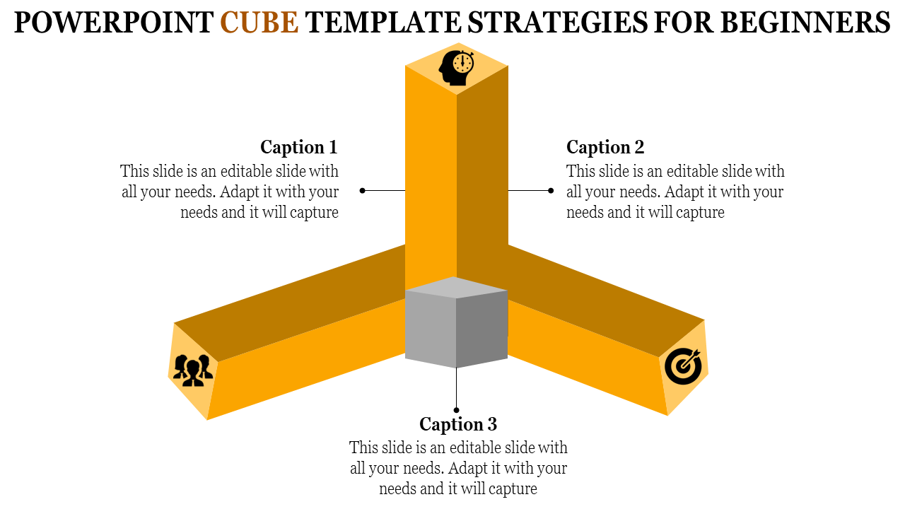 PowerPoint slide featuring a 3D cube with three sides labeled for captions on strategies.