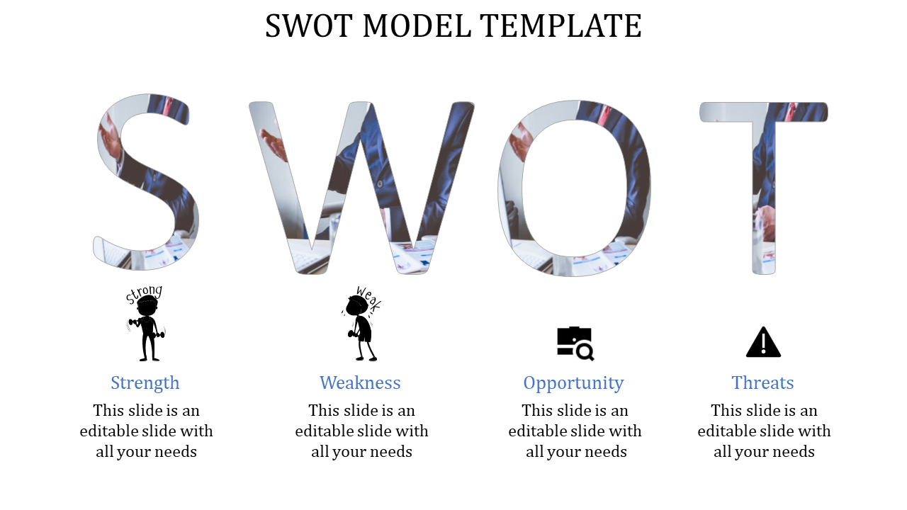 Business-themed SWOT slide featuring transparent letters overlaid with meeting images, with descriptive icons below each.