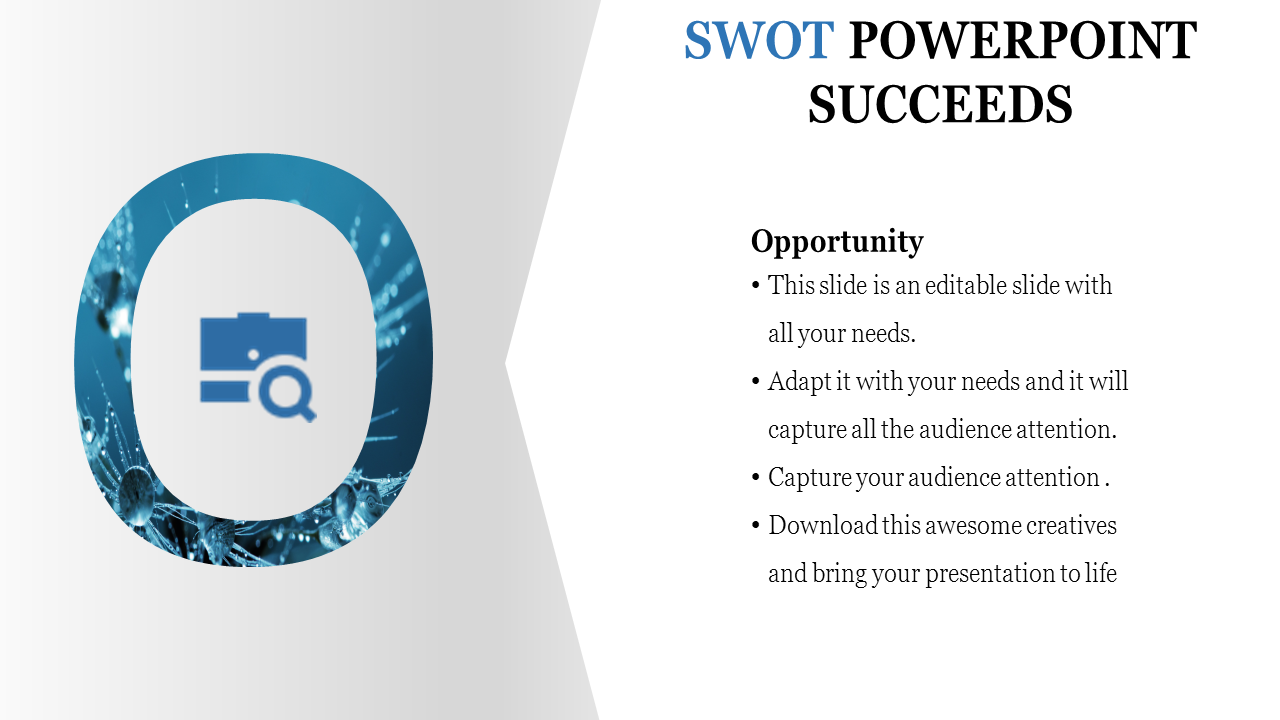 SWOT slide with a large blue letter O containing a business icon, and text on a white background.