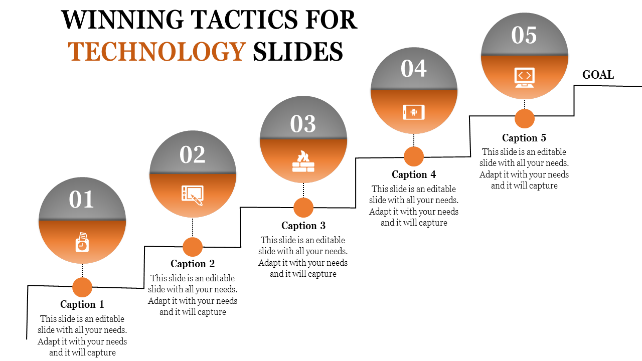 PowerPoint template illustrating five steps in a process with technology themed icons and a goal at the end.