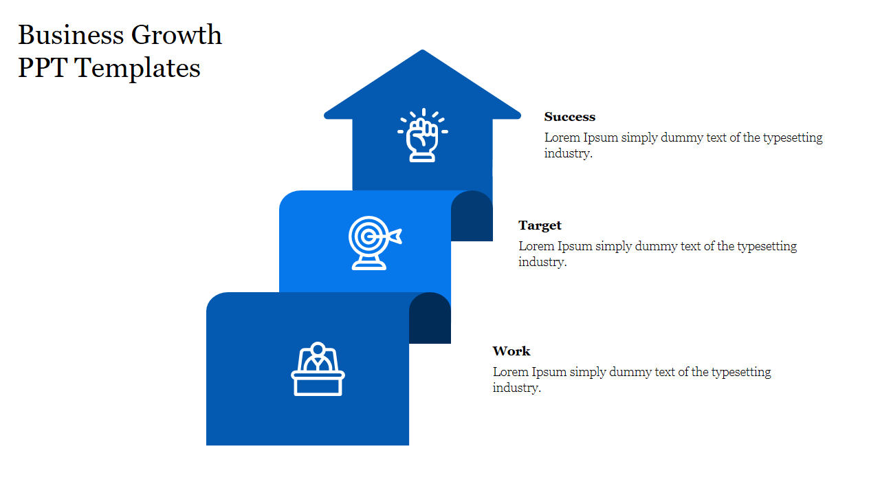 Business growth template showcasing a three-step staircase in shades of blue with captions and icons aligned to the right.