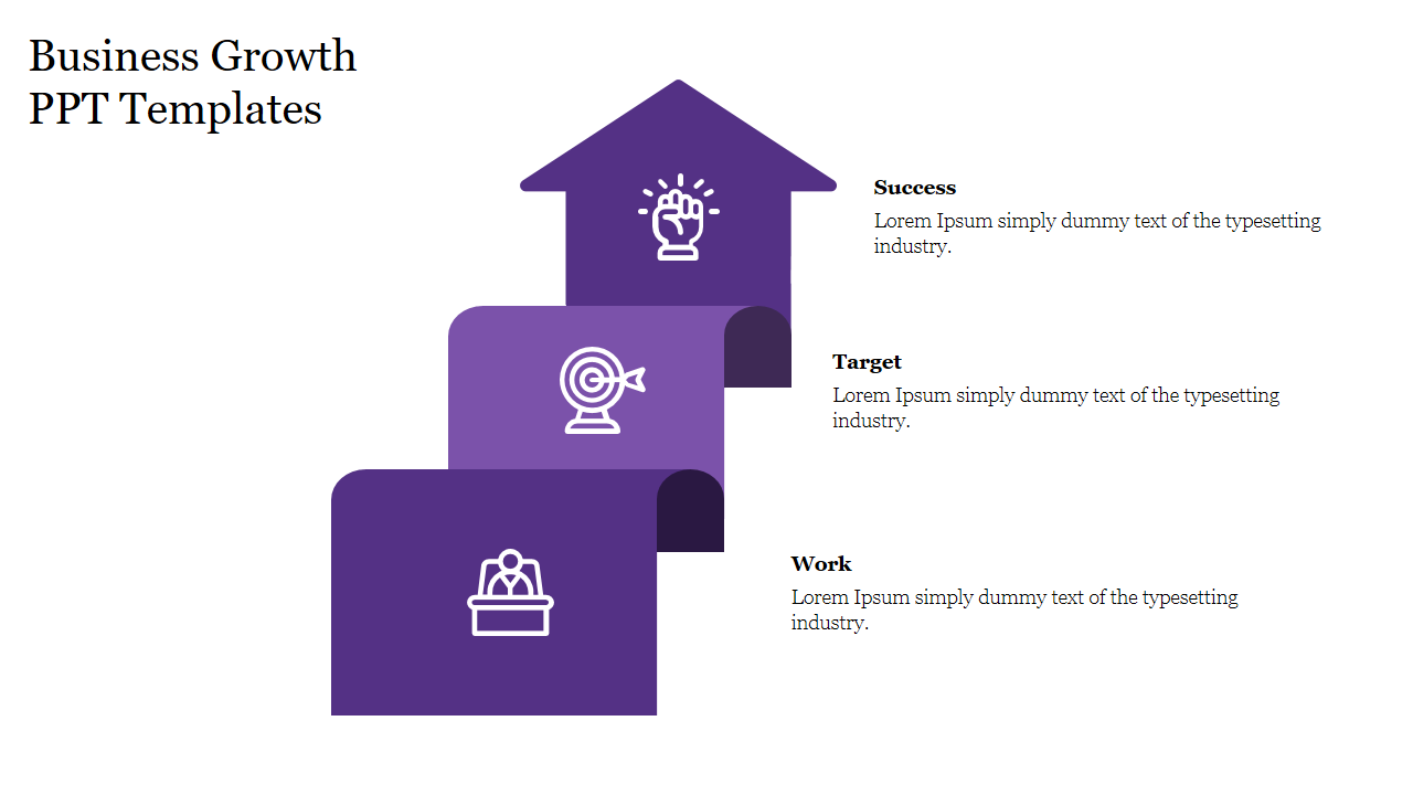 A purple staircase with icons representing success, target, and work stages in a business growth process.