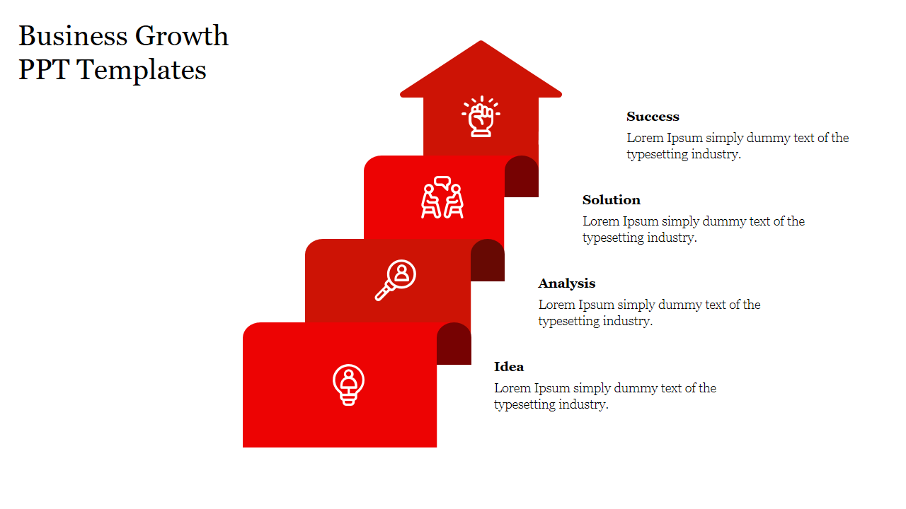 Business growth PPT slide in red with steps representing Success, Solution, Analysis, and Idea, with corresponding icons.